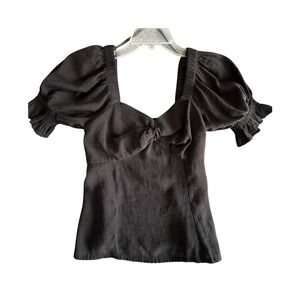 Nine West Womens Black Puff Sleeve Sweetheart Knot Front Smocked Blouse Small